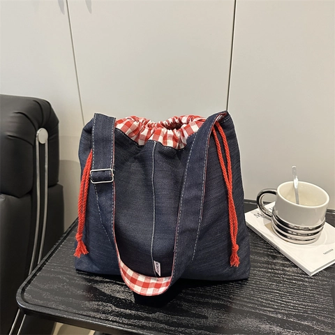 Borsa Tote da Donna a Grande Capacità in Tela Denim con Coulisse Fodera Gingham Retro Borsa a Spalla Tracolla Casual Quotidiana