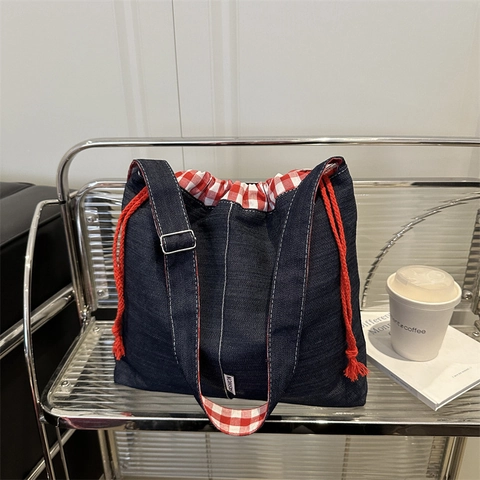 Borsa Tote da Donna a Grande Capacità in Tela Denim con Coulisse Fodera Gingham Retro Borsa a Spalla Tracolla Casual Quotidiana