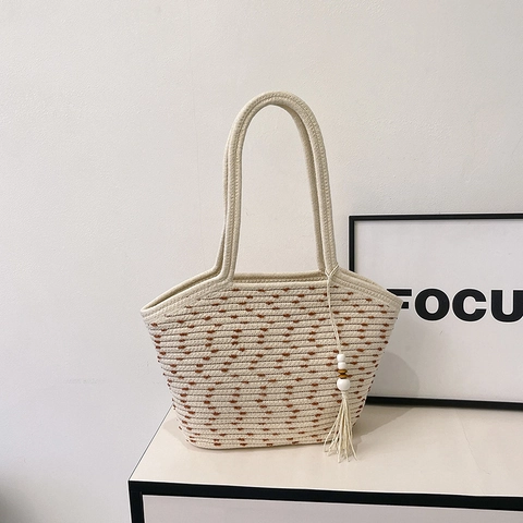 Borsa Tote in Paglia Intrecciata a Mano Stile Boho Con Nappa Grande Capacità Borsa a Spalla Donna Per Vacanze Spiaggia Quotidiana