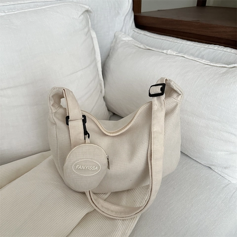 Women Corduroy Half Moon Hobo Bag Casual Shoulder Crossbody Bag With Small Round Pouch Solid Color Fashion Daily Satchel