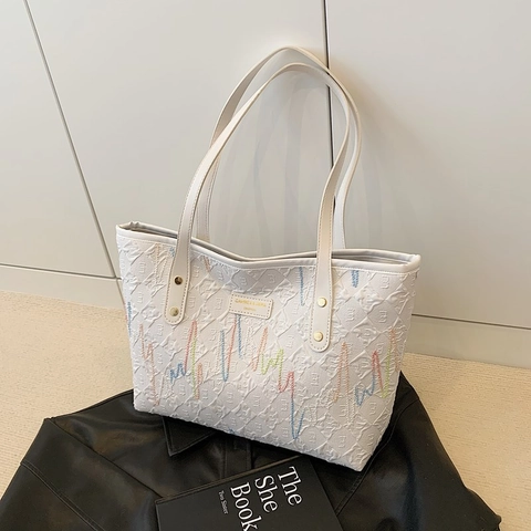 Bolso Tote de Cuero PU de Gran Capacidad para Mujer Moda Bordado Línea de Onda Bolso de Hombro Casual Conmutación Bolso de Mano Regalo