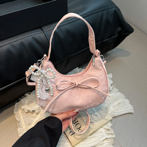 Women Bowknot Hobo Bag PU Leather Crescent Underarm Shoulder Crossbody Bag With Pearl Lace Pendant Sweet Fashion Purse