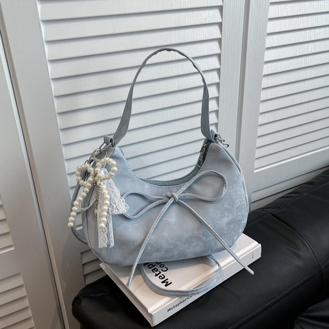 Sac Bandoulière Croissant en Cuir PU pour Femme Avec Pendentif Nœud Dentelle Perle Sac à Main Doux Esthétique pour le Quotidien