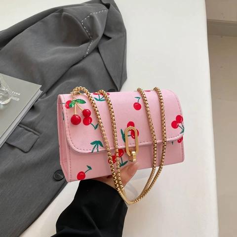 Women Cute Cherry Print Shoulder Bag Sweet PU Leather Crossbody Bag With Gold Chain Strap Korean Style Fashion Mini Square Bag