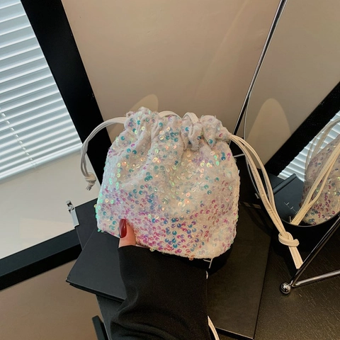 Women Fashion Sequin Bucket Bag Shimmering Drawstring Shoulder Bag Chic Crossbody Purse For Party Banquet Daily Outfits