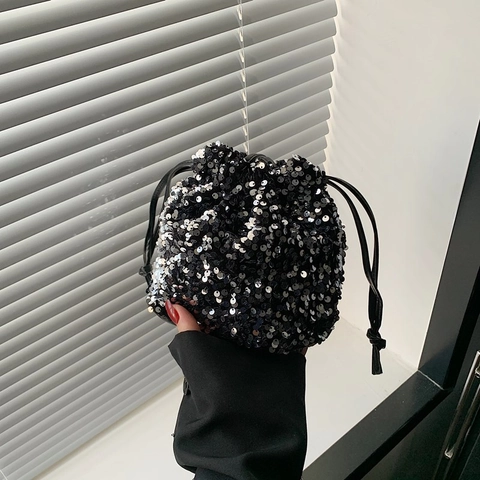 Women Fashion Sequin Bucket Bag Shimmering Drawstring Shoulder Bag Chic Crossbody Purse For Party Banquet Daily Outfits