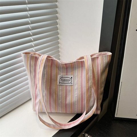 Borsa Tote in Tela a Righe da Donna Grande Capacità Trendy Borsa a Spalla Sottobraccio Con Etichetta Tessuta a Lettere Casual