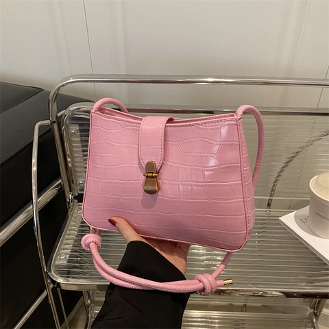 Retro Crocodile Pattern PU Leather Shoulder Bag For Women Fashion Underarm Messenger Bag With Lock Buckle Knot Strap Bag