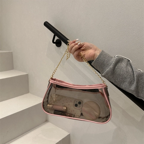 Vintage Transparent PVC Underarm Bag Women Fashion Gold Chain Shoulder Bag Minimalist Square Baguette Bag For Daily Travel