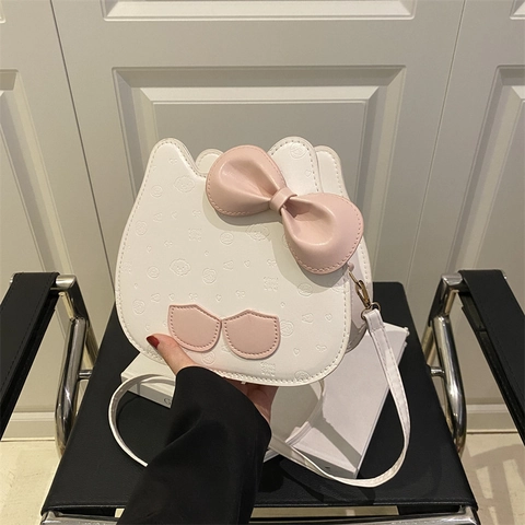 Cartoon Kat Vormige Schoudertas 3D Strik Reliëf Patroon PU Leer Crossbody Tas Voor Vrouwen Kinderen Zoete Mode Casual Handtas