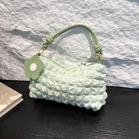 Dames Japanse Koreaanse Stijl Bubbeltextuur Schoudertas Met Bloemenhanger Mode Zacht Synthetisch Leer Handtas Boodschappentas