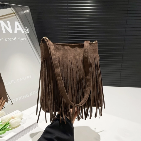 Women Vintage Faux Suede Tassel Shoulder Bag Bohemian PU Leather Crossbody Bag Fashion Fringe Small Square Bag