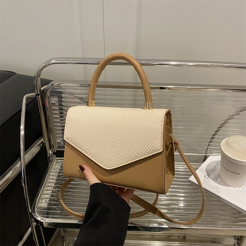 Bolso de Hombro Cuadrado Pequeño para Mujer Tejido Color de Contraste Cuero PU Bolso Bandolera Con Asa Urban Minimalist Satchel