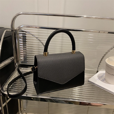 Bolso de Hombro Cuadrado Pequeño para Mujer Tejido Color de Contraste Cuero PU Bolso Bandolera Con Asa Urban Minimalist Satchel