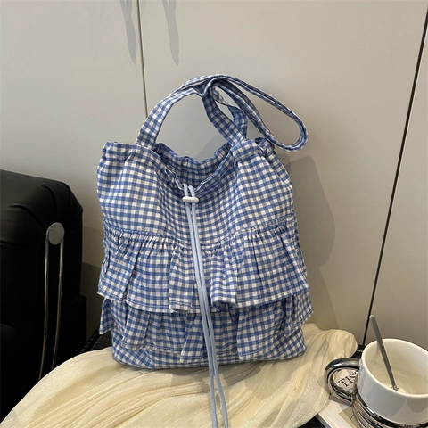 Damen Gingham Rüschen Tragetasche Segeltuch Karierte Schultertasche Mit Kordelzug Süße Handtasche Mit Großer Kapazität