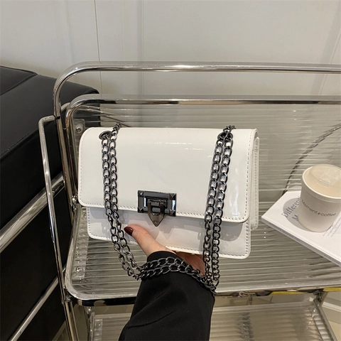 Women Patent Leather Chain Shoulder Bag Shiny Solid Color Square Crossbody Bag With Metal Lock Fashion Underarm Bag