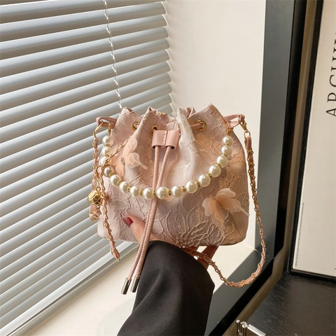 Borsa A Secchiello In Nuovo Stile Cinese Con Manico In Perla Artificial Ricamo In Pizzo Decorazione Farfalla Borsa A Tracolla Con Coulisse Da Donna