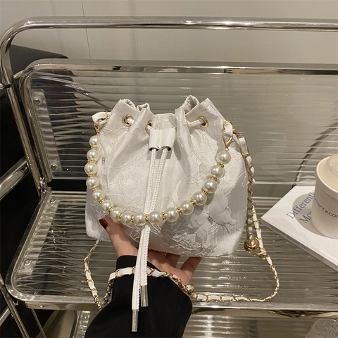 Borsa A Secchiello In Nuovo Stile Cinese Con Manico In Perla Artificial Ricamo In Pizzo Decorazione Farfalla Borsa A Tracolla Con Coulisse Da Donna