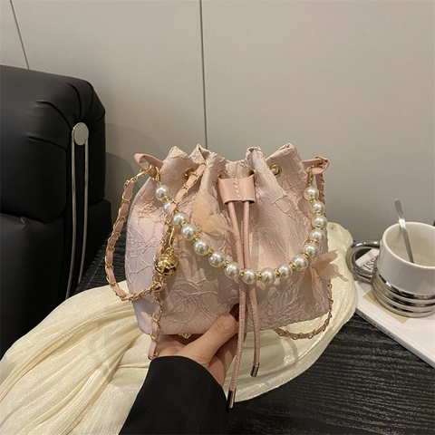 Damen Schmetterling Spitze Beuteltasche Mit Künstlicher Perlengriff Metallkette Kordelzug Schulter Umhängetasche Handtasche