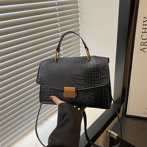 Sac Bandoulière Femme Motif Crocodile Vintage Luxe Cuir Synthétique Brillant Sac à Main Coquille Verrou Métallique Quotidien