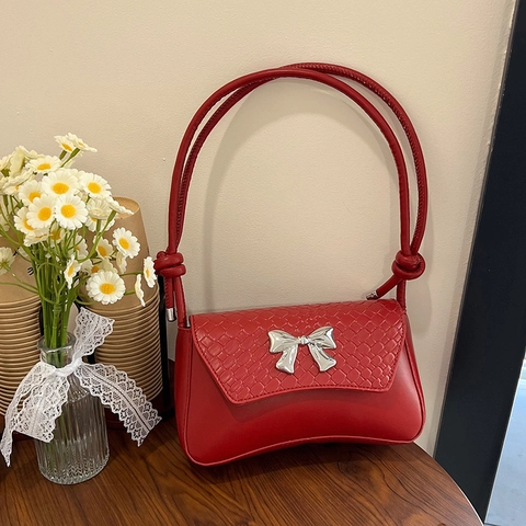 Bolso de Hombro de Cuero PU para Mujer Con Lazo Plateado Patrón Tejido Bolso Sobaco para Citas Diarias Elegante Correa Nudo