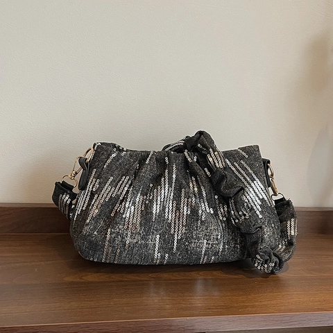 Women Ruched Shoulder Bag Satin Jacquard Floral Sequin Underarm Bag New Chinese Style Elegant Daily Commuting Cloud Bag