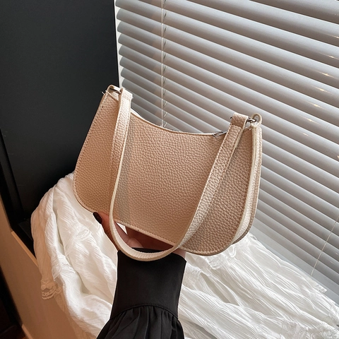 Women Pebble Grain PU Leather Underarm Bag Vintage Baguette Shoulder Bag Minimalist Solid Color Crescent Handbag Daily Commuting