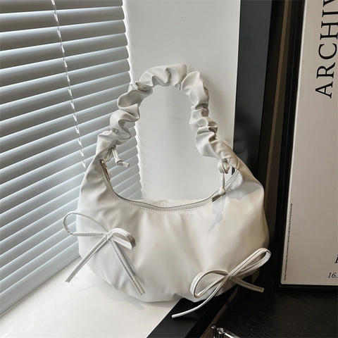 Bolso de Axila para Mujer con Correa Fruncida Lazo Cuero PU Bolso de Hombro Color Sólido Plisado Bolso Nube Moda