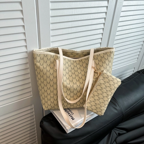 Conjunto de Bolso Tote Y Bolsa Con Estampado de Monograma de Letras Para Mujer Bolso de Hombro de Cuero PU Retro Urbano