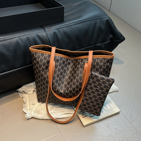 Conjunto de Bolso Tote Y Bolsa Con Estampado de Monograma de Letras Para Mujer Bolso de Hombro de Cuero PU Retro Urbano
