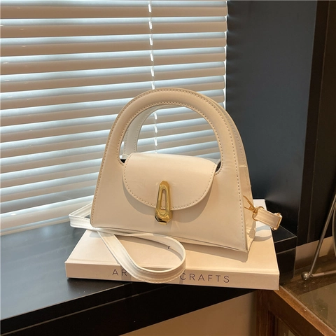 Dames Minimalistische PU-Leren Handtas Met Halfrond Handvat Gouden Slot Crossbody Schoudertas Voor Dagelijks Gebruik