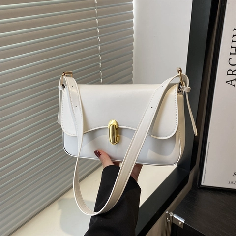 Women Minimalist PU Leather Shoulder Bag Elegant Solid Color Flap Lock Baguette Bag High Quality Urban Commute Handbag For Daily Use