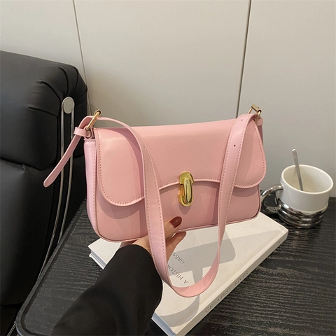 Women Minimalist PU Leather Shoulder Bag Elegant Solid Color Flap Lock Baguette Bag High Quality Urban Commute Handbag For Daily Use