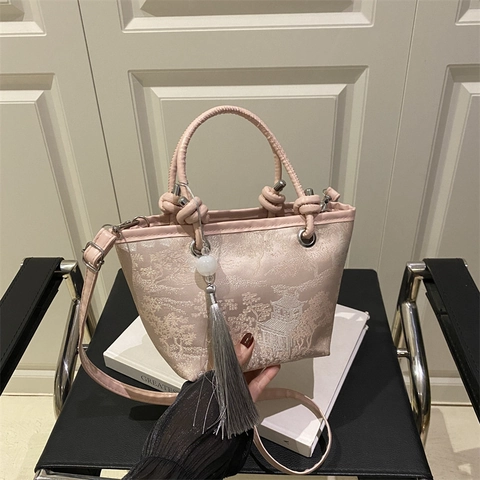 Borsa a Secchiello Ricamata Nuovo Stile Cinese Tessuto Jacquard Nappa Borsa a Mano Elegante Tracolla Donna Daily Tote