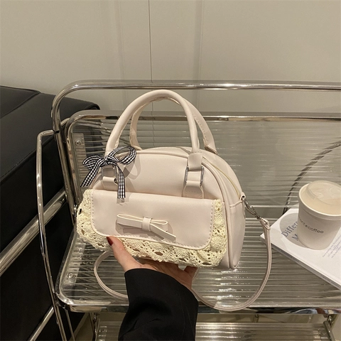 Bolso de Hombro Vintage Encaje Lazo Mujer Cuero PU Dulce Lolita Bolso de Mano Elegante Pequeño Bolso Cuadrado Cinta a Cuadros