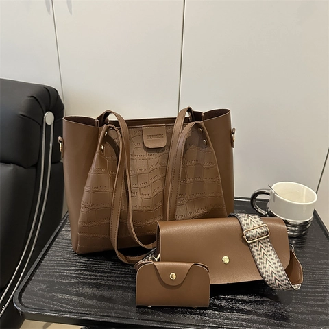 Women Crocodile Pattern PU Leather Tote Shoulder Crossbody Bag And Pouch With Geometric Wide Strap Fashion Commuting Handbag