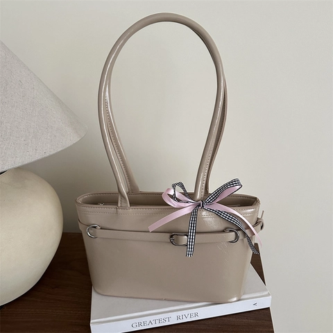 Damen Vintage PU Leder Unterachsel Tasche Große Kapazität Schulter Shopper Tasche Mit Schleife Knoten Täglich Pendeln Mode Handtasche