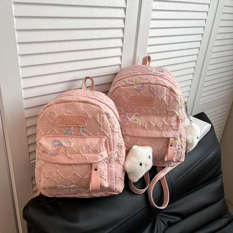 Women Mini Quilted Bow Backpack PU Leather Embroidered Small School Bag For Girls Travel Rucksack With Plush Pendant