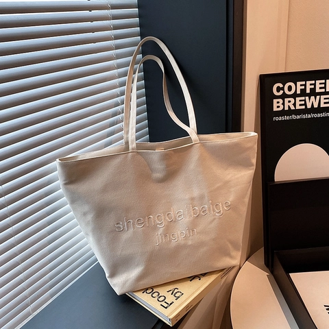 Women Large Capacity Canvas Tote Bag Minimalist Shoulder Bag Embroidered Letter Shopper Handbag For Daily School Work Commute