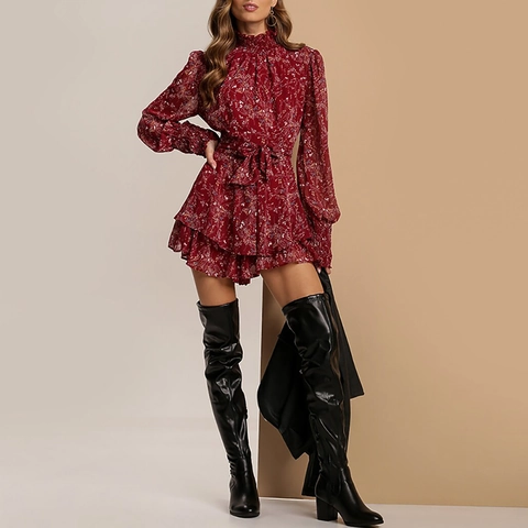 Women Floral Long Sleeve Mini Dress Mock Neck Ruffle Hem Tie Waist Polyester Vintage Casual Short Dress For Ladies