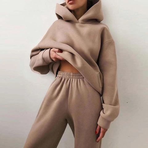 Donna Autunno Inverno Spesso Pile Felpa Con Cappuccio E Pantaloni Top And Bottom Casual Manica Lunga Pantaloni Sportivi Tinta Unita Abbigliamento Sportivo