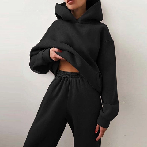 Ensemble Décontracté Femme Sweat à Capuche Couleur Unie et Pantalon Long Top And Bottom Polaire Chaud Coupe Décontractée