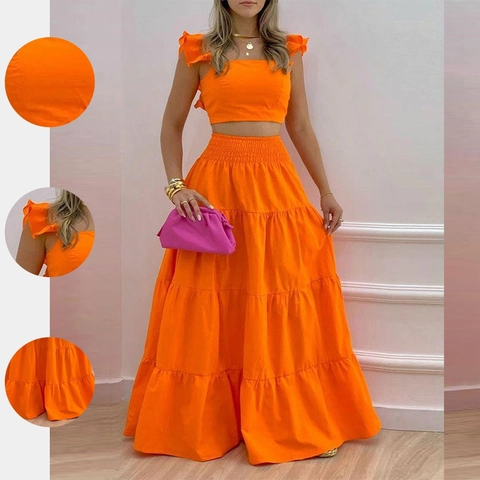 Dames Casual Ruffle Strap Vierkante Hals Crop Top En Hoge Taille Gelaagde Cake Maxi Rok Floral Effen Zomervakantie Outfit