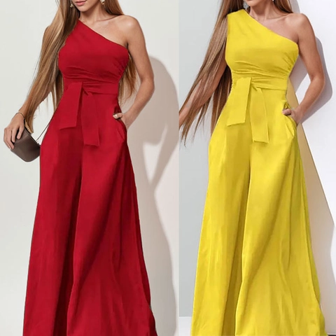 Elegant One Shoulder Wide Leg Jumpsuit Women Solid Color High Waist Jumpsuit With Waist Tie Sleeveless Jumpsuit For Party