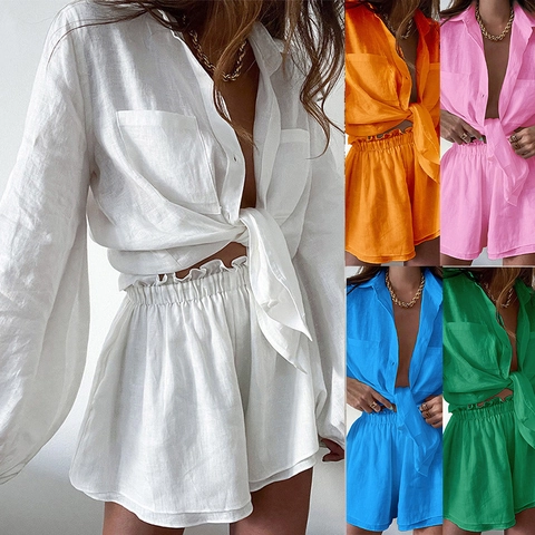 Completo Casual da Donna Camicia a Maniche Lunghe e Pantaloncini a Vita Alta con Volant Tinta Unita Elegante Vacanza