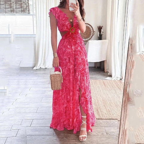 Abito Maxi da Donna Paisley Bohemienne con Scollo a V Dettaglio Cutout Anello Volant Senza Maniche Spacco Laterale Vestito per Vacanza Spiaggia Festa