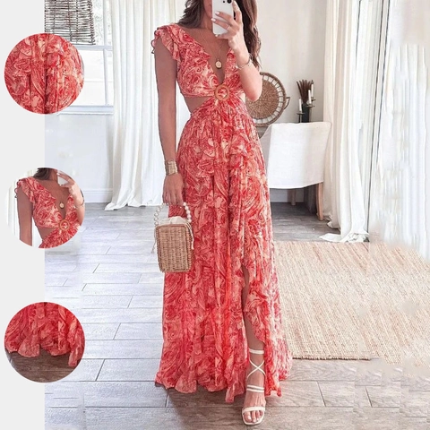Abito Maxi da Donna Paisley Bohemienne con Scollo a V Dettaglio Cutout Anello Volant Senza Maniche Spacco Laterale Vestito per Vacanza Spiaggia Festa