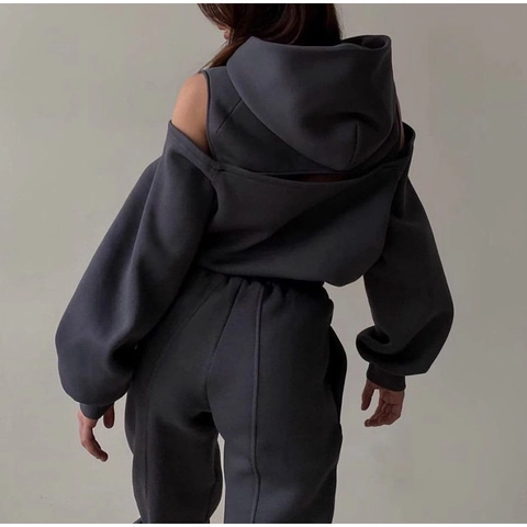 Women's Casual Cold Shoulder Hooded Sweatshirt And Joggers Tracksuit Solid Color Fleece Two Top And Pants