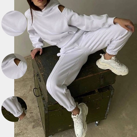 Women's Casual Cold Shoulder Hooded Sweatshirt And Joggers Tracksuit Solid Color Fleece Two Top And Pants