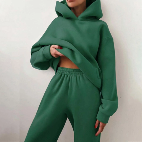 Donna Autunno Inverno Spesso Pile Felpa Con Cappuccio E Pantaloni Top And Bottom Casual Manica Lunga Pantaloni Sportivi Tinta Unita Abbigliamento Sportivo